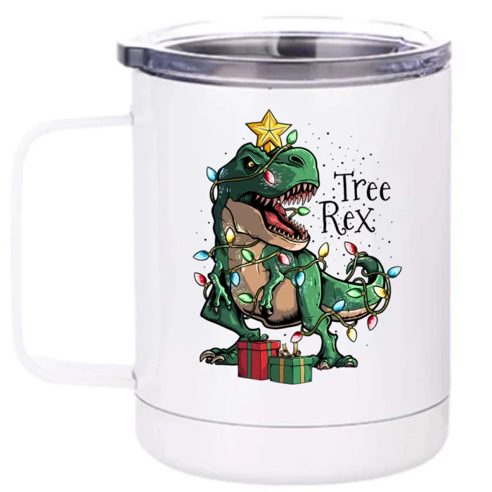 Funny Trex Dinosaur Christmas Tree Rex Gift Front & Back 12oz Stainless Steel Tumbler Cup