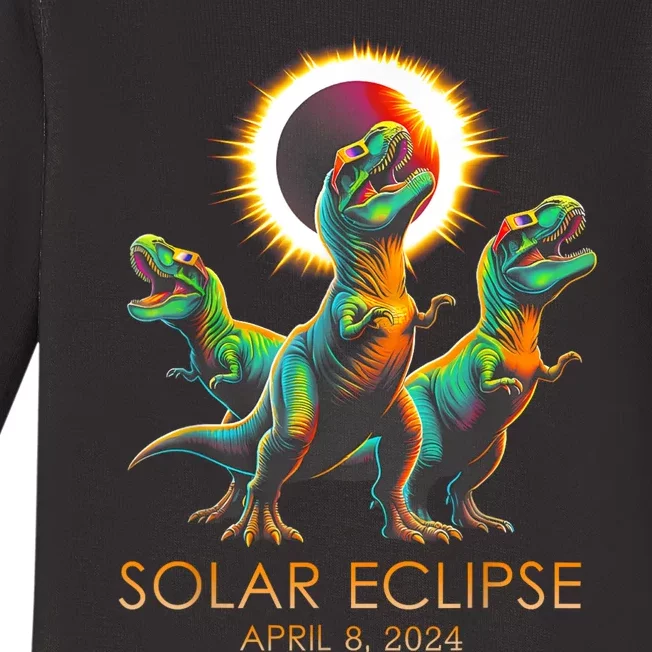 Funny Trex Dinosaur Watching Total Solar Eclipse Apr 8 2024 Baby Long Sleeve Bodysuit