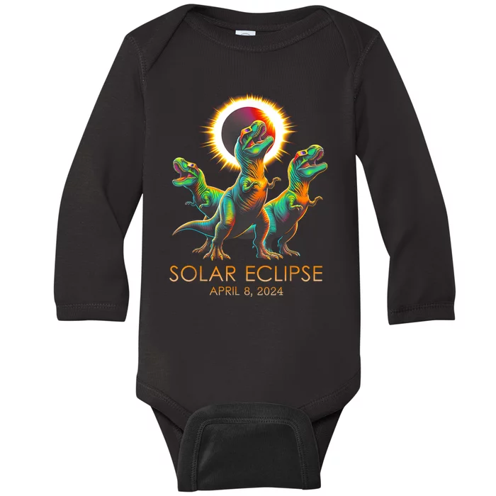 Funny Trex Dinosaur Watching Total Solar Eclipse Apr 8 2024 Baby Long Sleeve Bodysuit