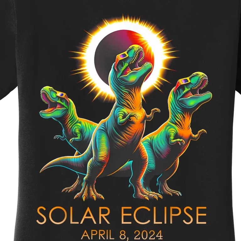 Funny Trex Dinosaur Watching Total Solar Eclipse Apr 8 2024 Women's T-Shirt