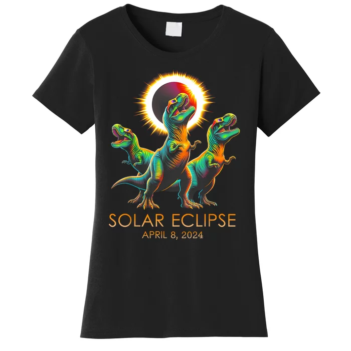 Funny Trex Dinosaur Watching Total Solar Eclipse Apr 8 2024 Women's T-Shirt