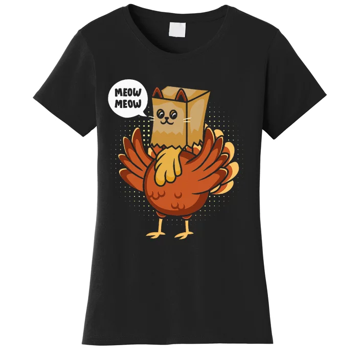 Funny Thanksgiving Day Fake Cat Turkey Meow Animal Farmer Women's T-Shirt