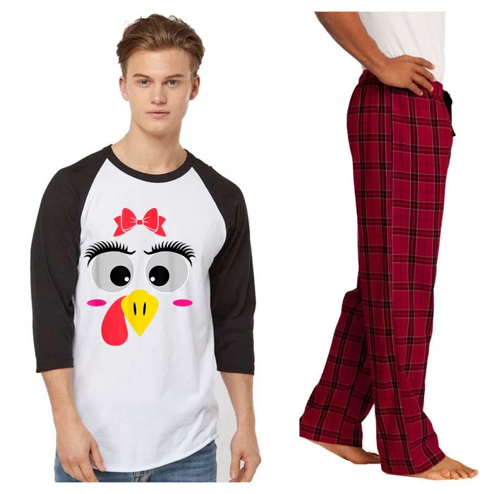 Funny Thanksgiving Day Turkey Face Girl Red Bow Costume Raglan Sleeve Pajama Set