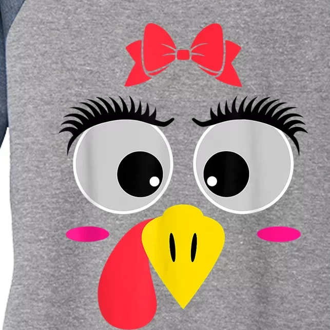 Funny Thanksgiving Day Turkey Face Girl Red Bow Costume Women's Tri-Blend 3/4-Sleeve Raglan Shirt