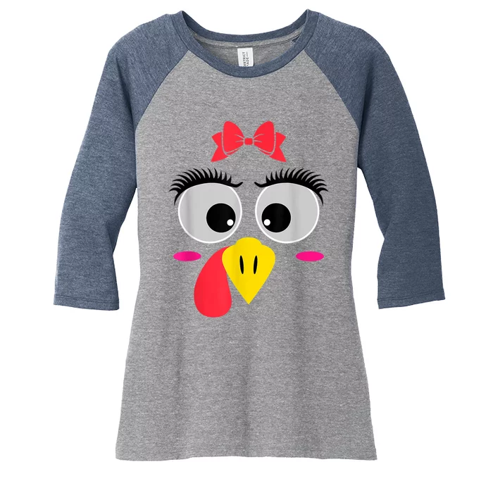 Funny Thanksgiving Day Turkey Face Girl Red Bow Costume Women's Tri-Blend 3/4-Sleeve Raglan Shirt