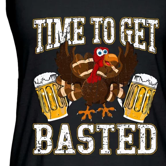 Funny Thanksgiving Drinking Time To Get Basted Turkey Ladies Essential Flowy Tank