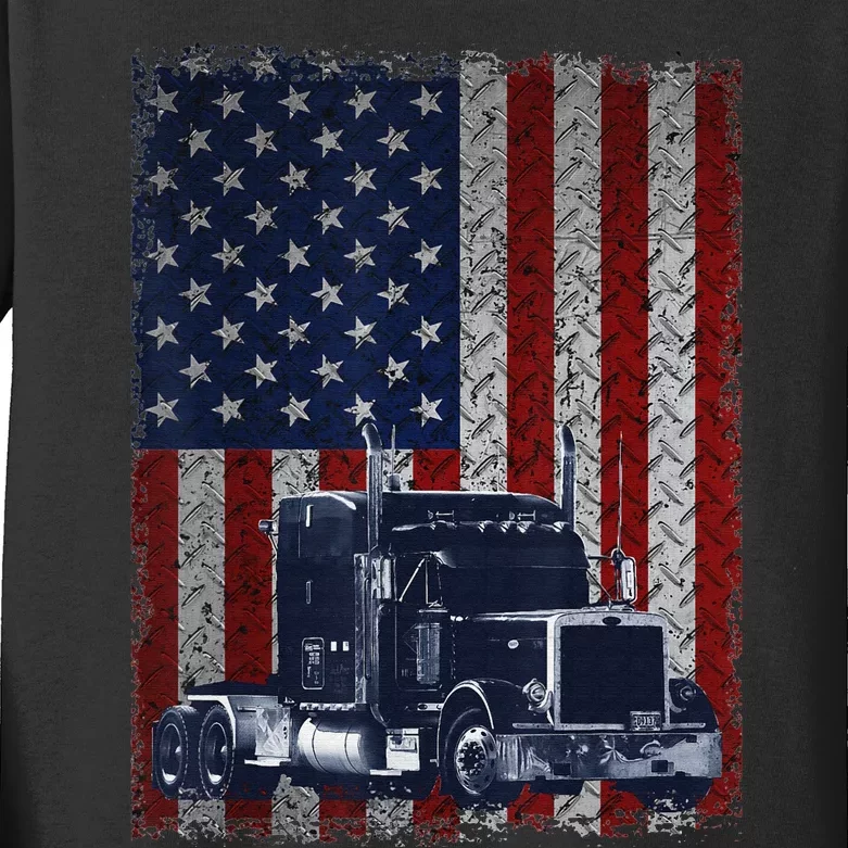 Funny Truck Driver American Flag Trucker Gift Kids Long Sleeve Shirt