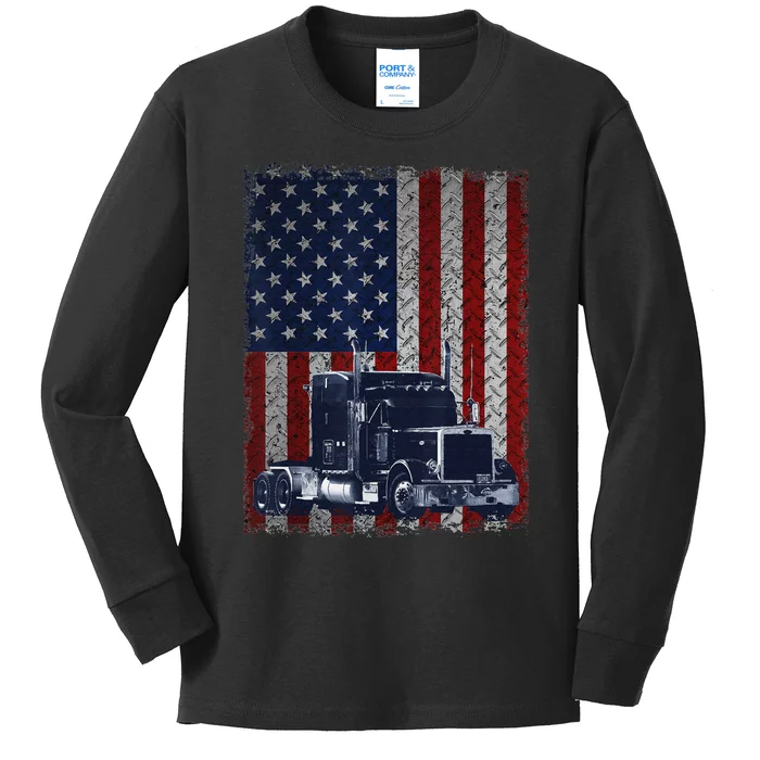 Funny Truck Driver American Flag Trucker Gift Kids Long Sleeve Shirt