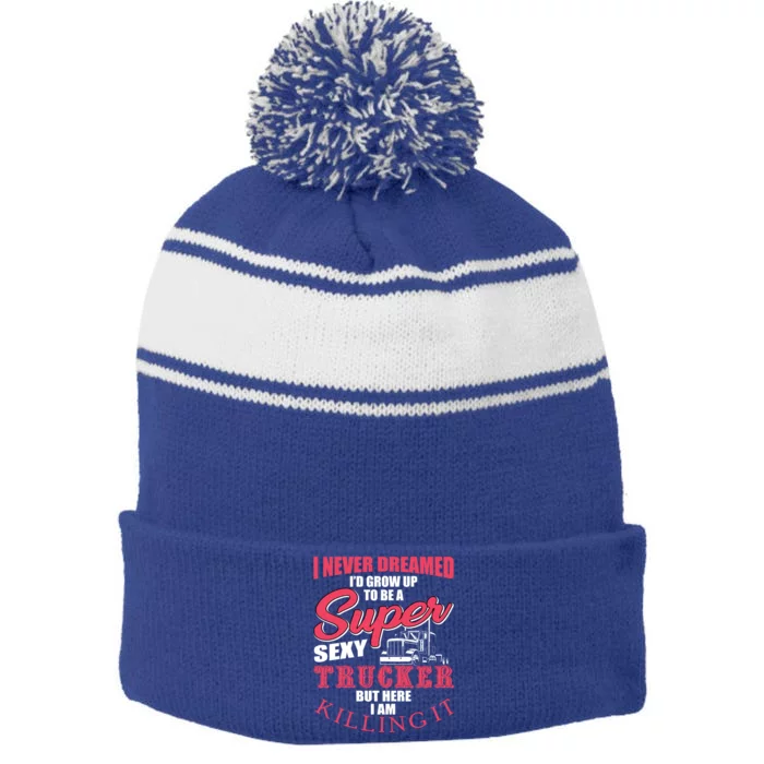 Funny Truck Driver Gift Semi Big Rig Trucking Trailer Truck Gift Stripe Pom Pom Beanie