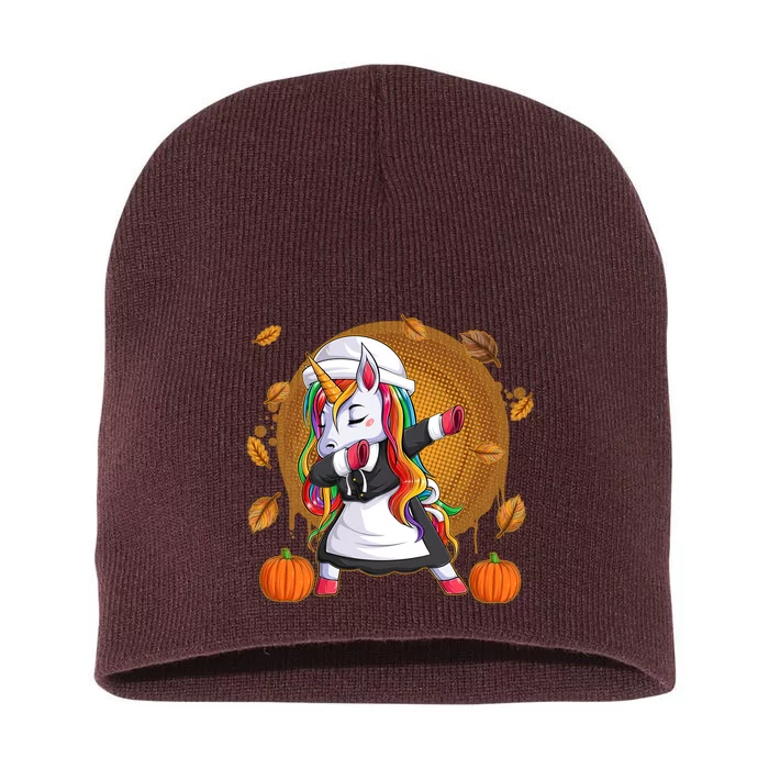 Funny Thanksgiving Dabbing Unicorn Pilgrim Short Acrylic Beanie