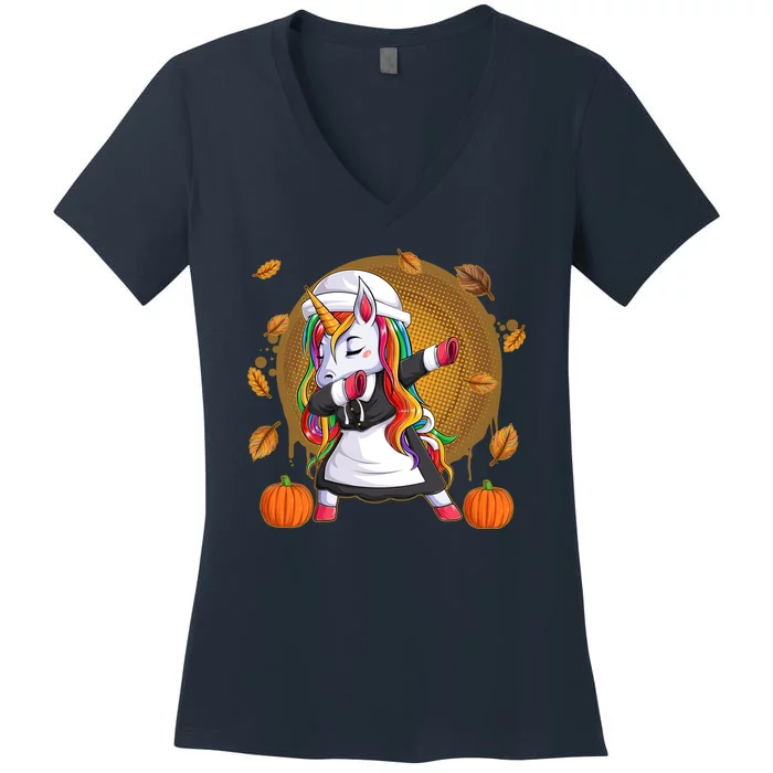 Funny Thanksgiving Dabbing Unicorn Pilgrim Women's V-Neck T-Shirt