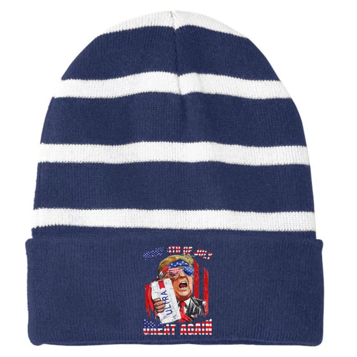 Funny Trump Drinking Make 4th Of July Great Again Us Flag Striped Beanie with Solid Band