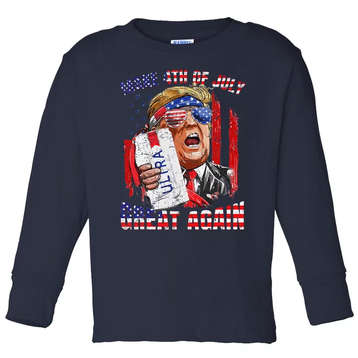 Funny Trump Drinking Make 4th Of July Great Again Us Flag Toddler Long Sleeve Shirt