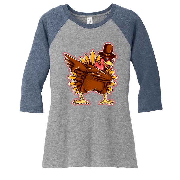 Funny Thanksgiving Dabbing Turkey Women's Tri-Blend 3/4-Sleeve Raglan Shirt