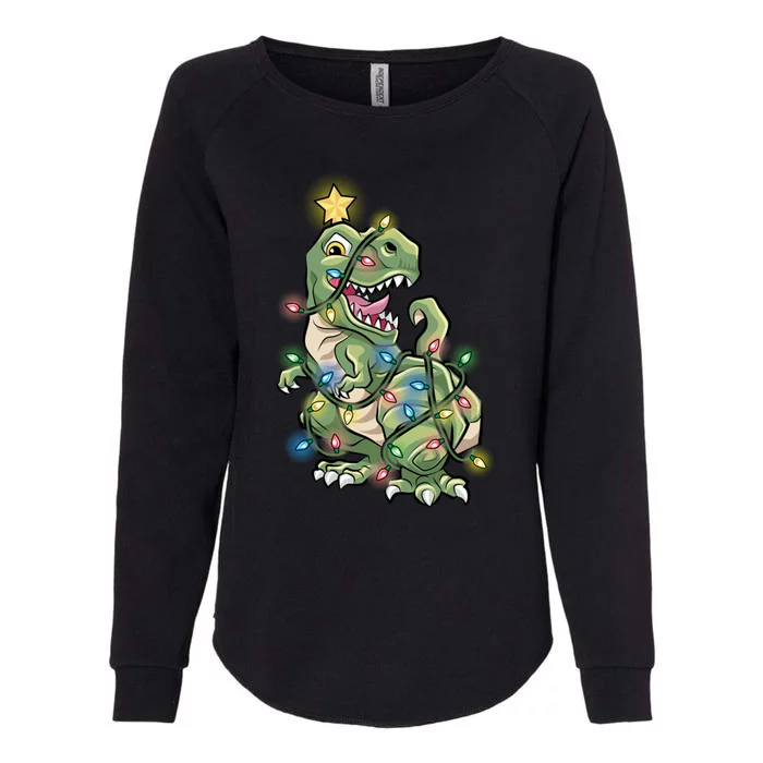 Funny Trex Dinosaur Tree Wrapped In Christmas Lights Cool Gift Womens California Wash Sweatshirt