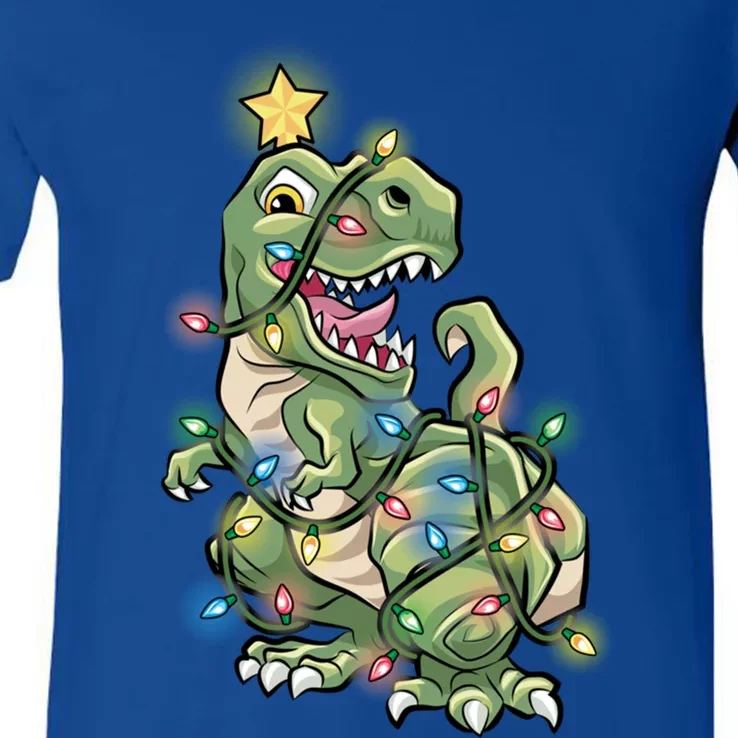 Funny Trex Dinosaur Tree Wrapped In Christmas Lights Cool Gift V-Neck T-Shirt