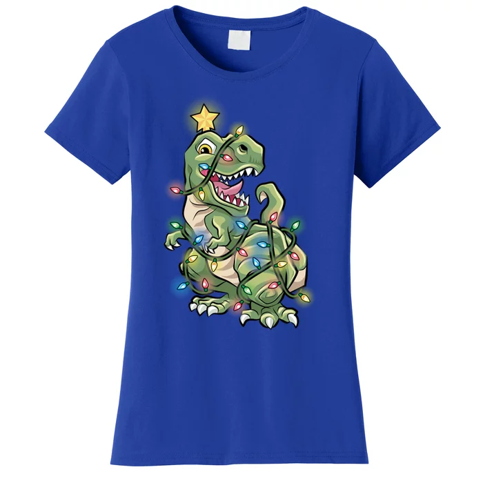 Funny Trex Dinosaur Tree Wrapped In Christmas Lights Cool Gift Women's T-Shirt