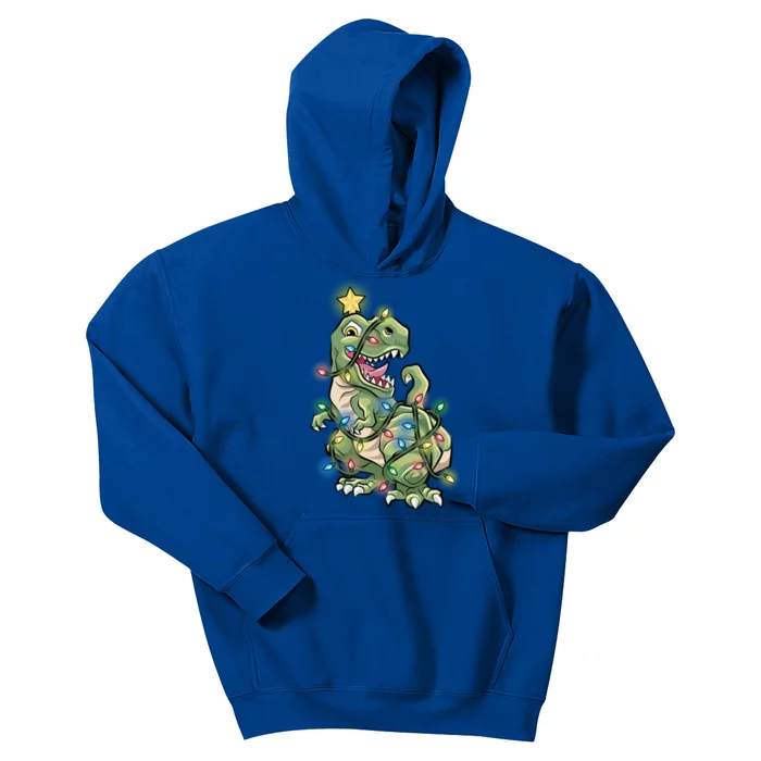 Funny Trex Dinosaur Tree Wrapped In Christmas Lights Cool Gift Kids Hoodie