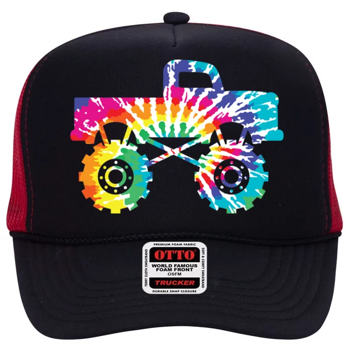 Fun Tie Dye Extreme Mudding Monster Truck 4 Wheel Drive Gift High Crown Mesh Trucker Hat