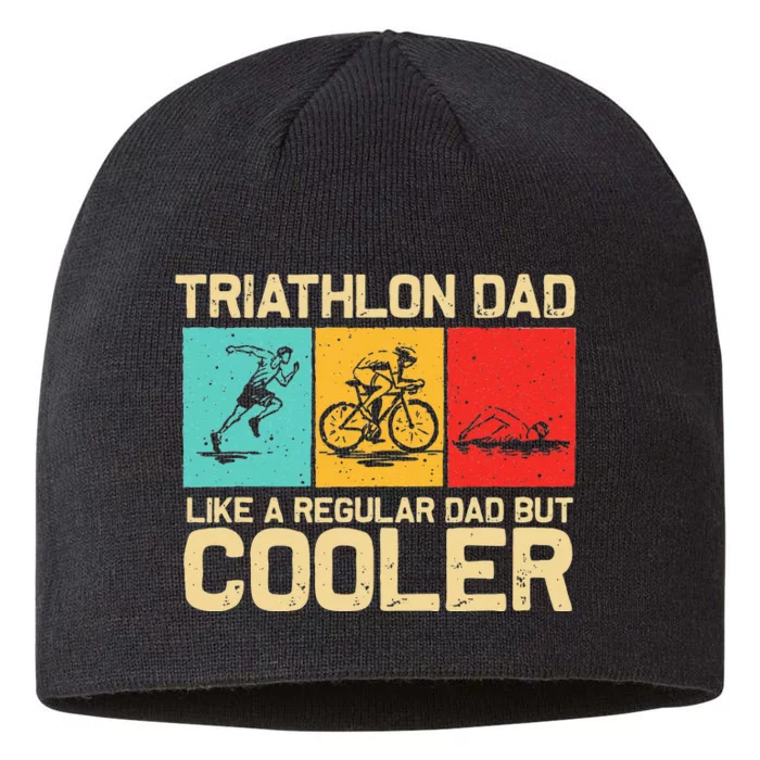 Funny Triathlon Design For Dad Swim Bike Run Triathletes 8 1/2in Sustainable Knit Beanie