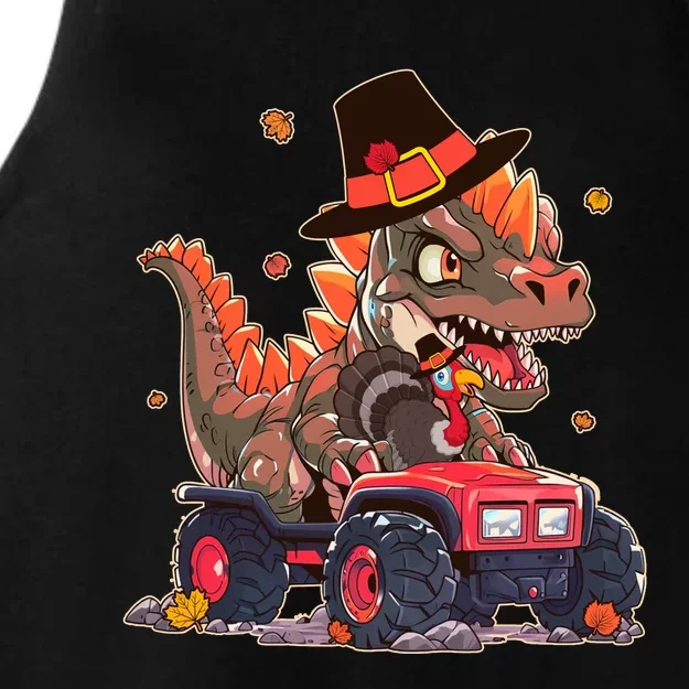 Funny Thanksgiving Dinosaur And Turkey Riding Monster Truck Ladies Tri-Blend Wicking Tank