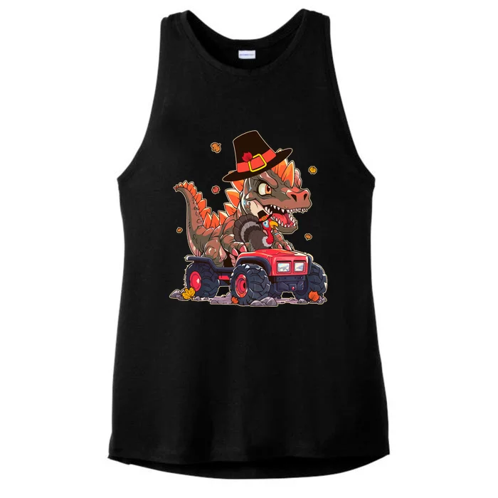 Funny Thanksgiving Dinosaur And Turkey Riding Monster Truck Ladies Tri-Blend Wicking Tank