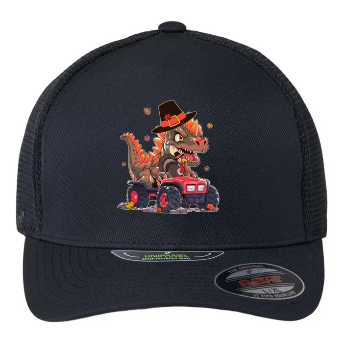 Funny Thanksgiving Dinosaur And Turkey Riding Monster Truck Flexfit Unipanel Trucker Cap