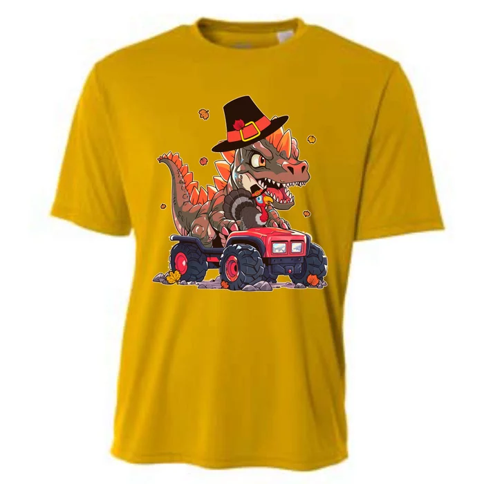 Funny Thanksgiving Dinosaur And Turkey Riding Monster Truck Cooling Performance Crew T-Shirt