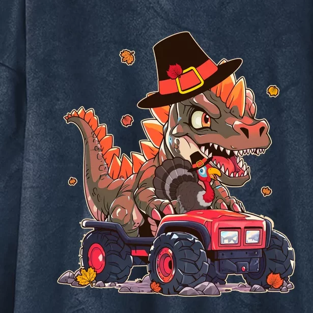 Funny Thanksgiving Dinosaur And Turkey Riding Monster Truck Hooded Wearable Blanket