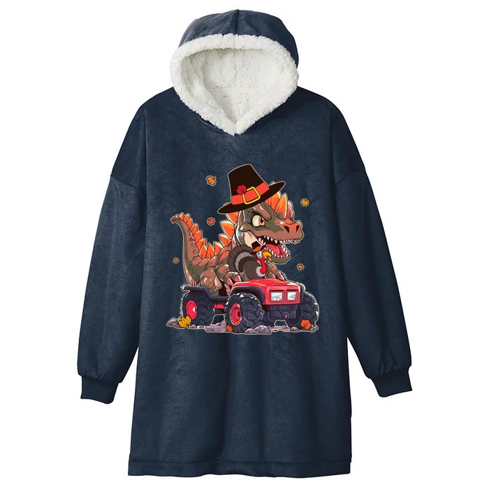 Funny Thanksgiving Dinosaur And Turkey Riding Monster Truck Hooded Wearable Blanket