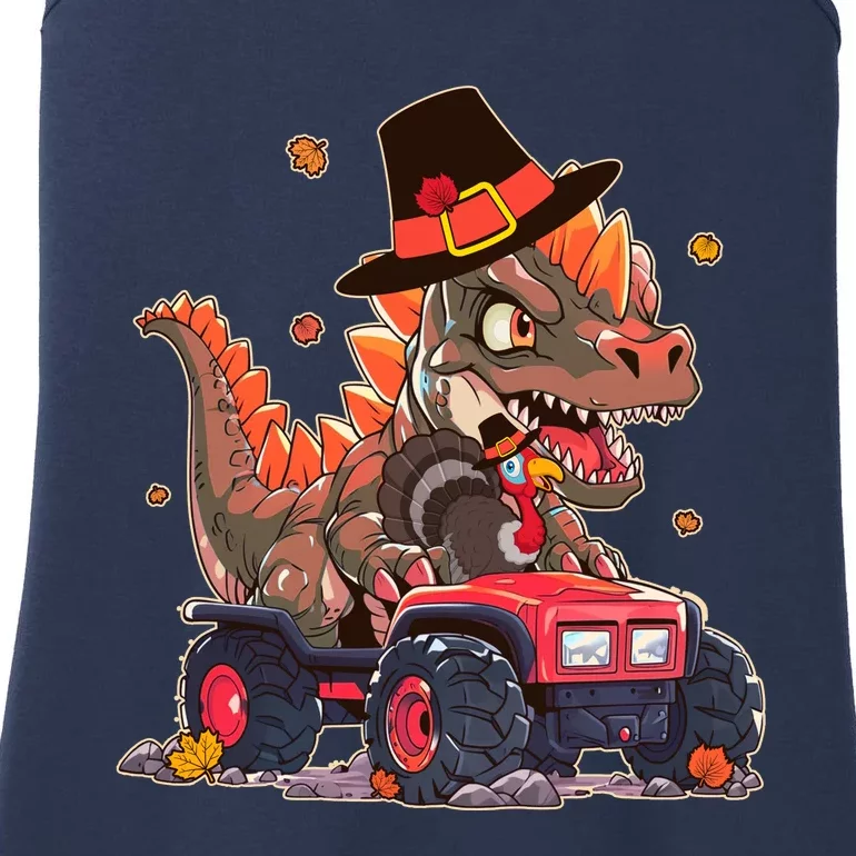 Funny Thanksgiving Dinosaur And Turkey Riding Monster Truck Ladies Essential Tank