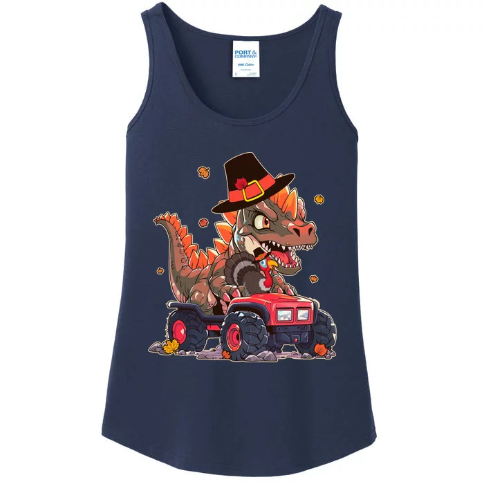 Funny Thanksgiving Dinosaur And Turkey Riding Monster Truck Ladies Essential Tank