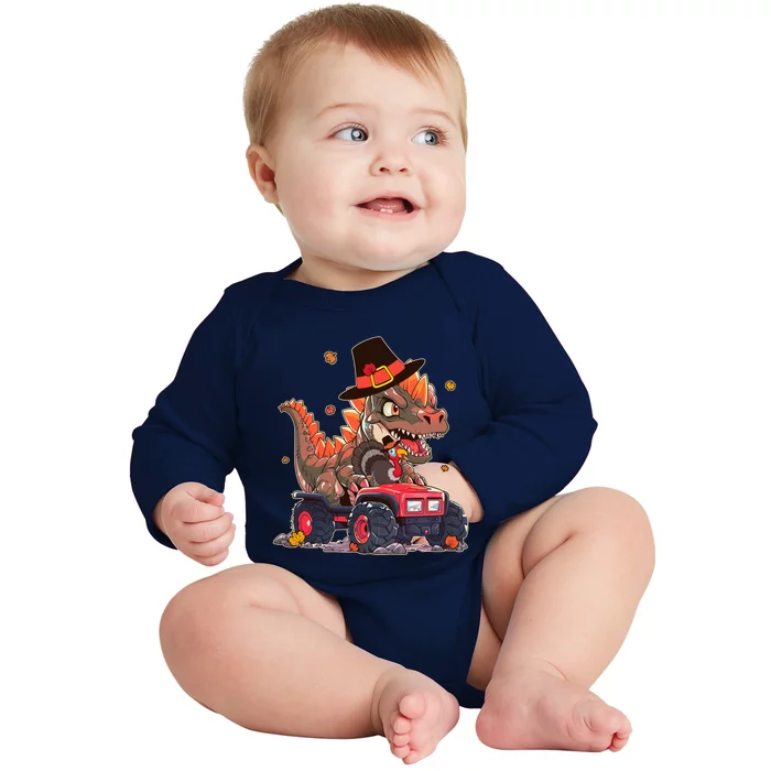 Funny Thanksgiving Dinosaur And Turkey Riding Monster Truck Baby Long Sleeve Bodysuit