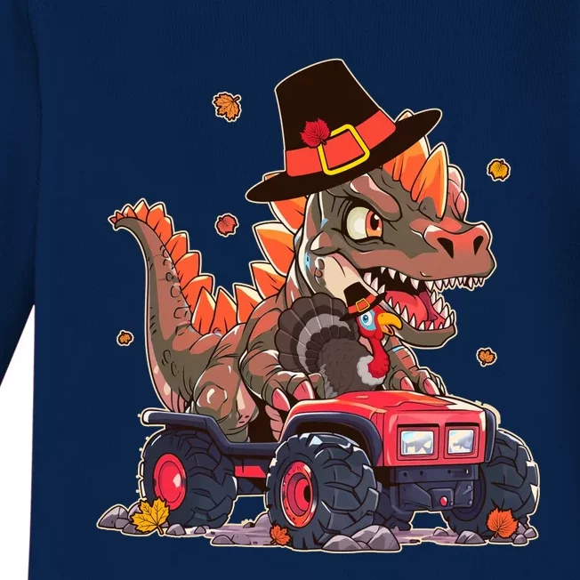 Funny Thanksgiving Dinosaur And Turkey Riding Monster Truck Baby Long Sleeve Bodysuit