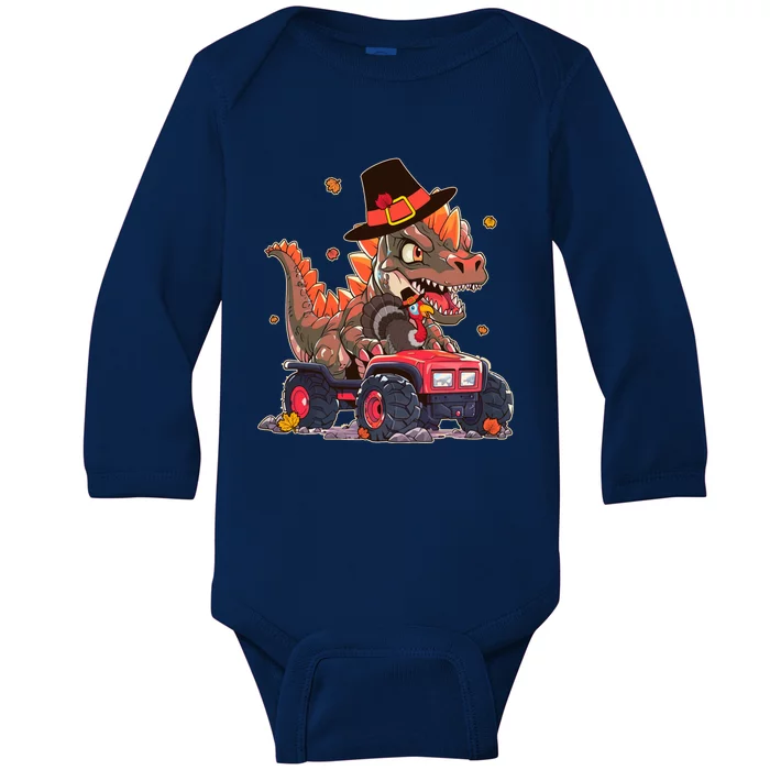 Funny Thanksgiving Dinosaur And Turkey Riding Monster Truck Baby Long Sleeve Bodysuit