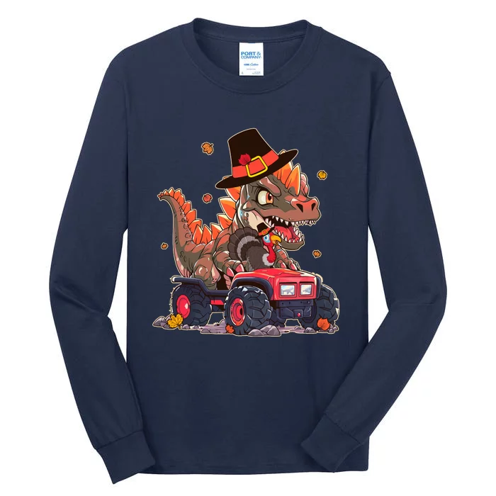 Funny Thanksgiving Dinosaur And Turkey Riding Monster Truck Tall Long Sleeve T-Shirt