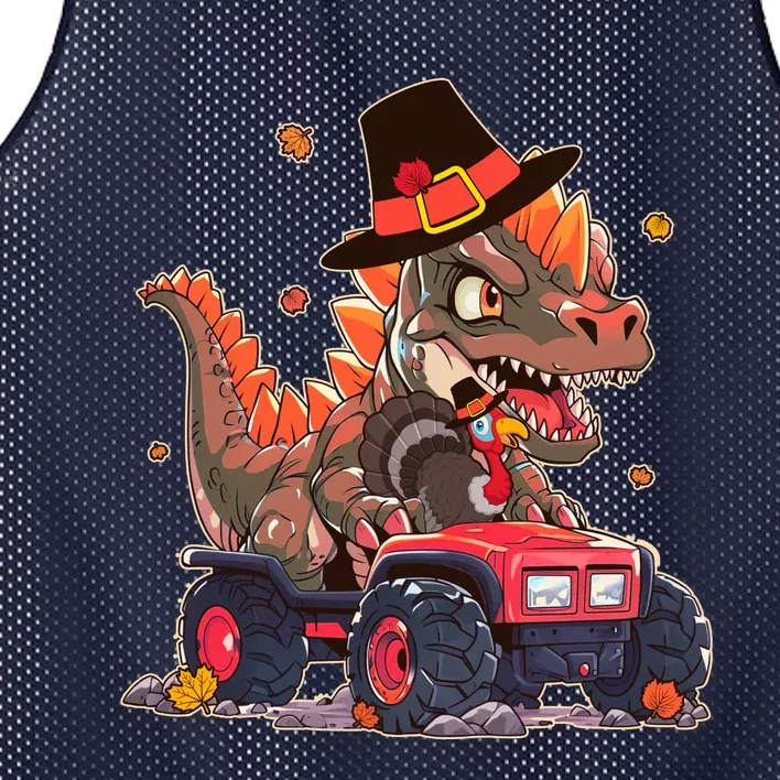 Funny Thanksgiving Dinosaur And Turkey Riding Monster Truck Mesh Reversible Basketball Jersey Tank