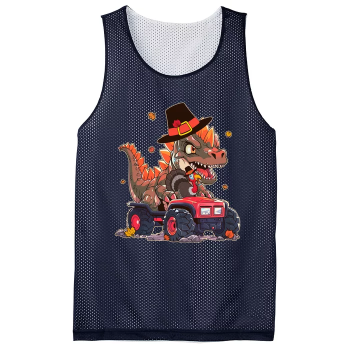 Funny Thanksgiving Dinosaur And Turkey Riding Monster Truck Mesh Reversible Basketball Jersey Tank