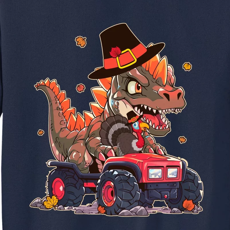 Funny Thanksgiving Dinosaur And Turkey Riding Monster Truck Tall Sweatshirt