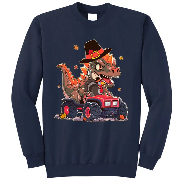 Funny Thanksgiving Dinosaur And Turkey Riding Monster Truck Tall Sweatshirt