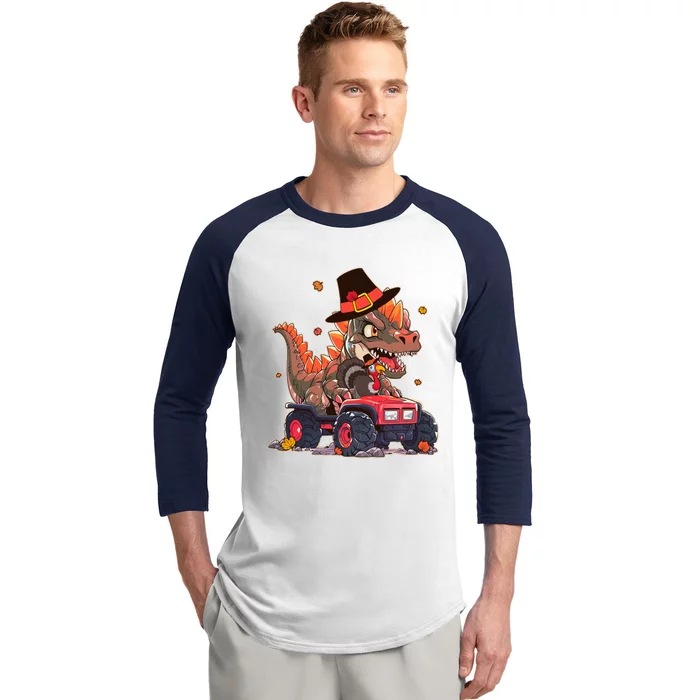 Funny Thanksgiving Dinosaur And Turkey Riding Monster Truck Baseball Sleeve Shirt