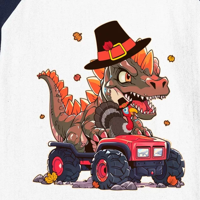 Funny Thanksgiving Dinosaur And Turkey Riding Monster Truck Baseball Sleeve Shirt