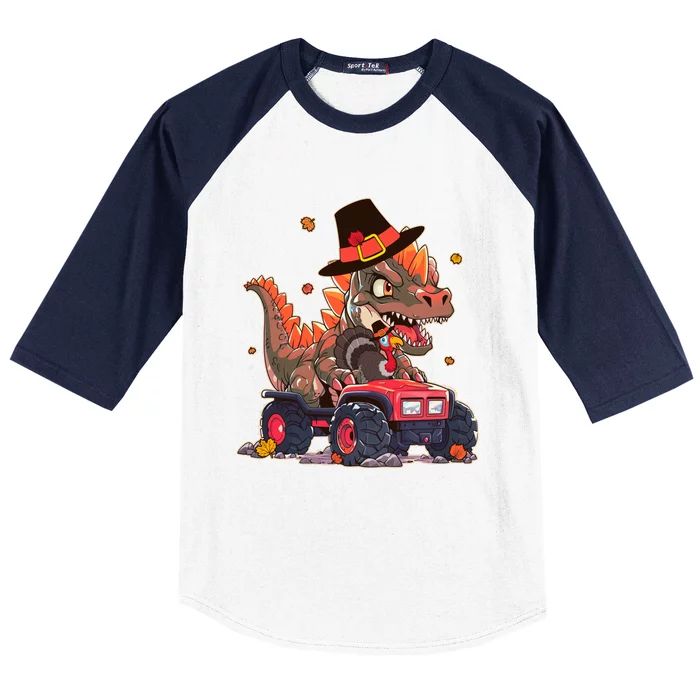 Funny Thanksgiving Dinosaur And Turkey Riding Monster Truck Baseball Sleeve Shirt