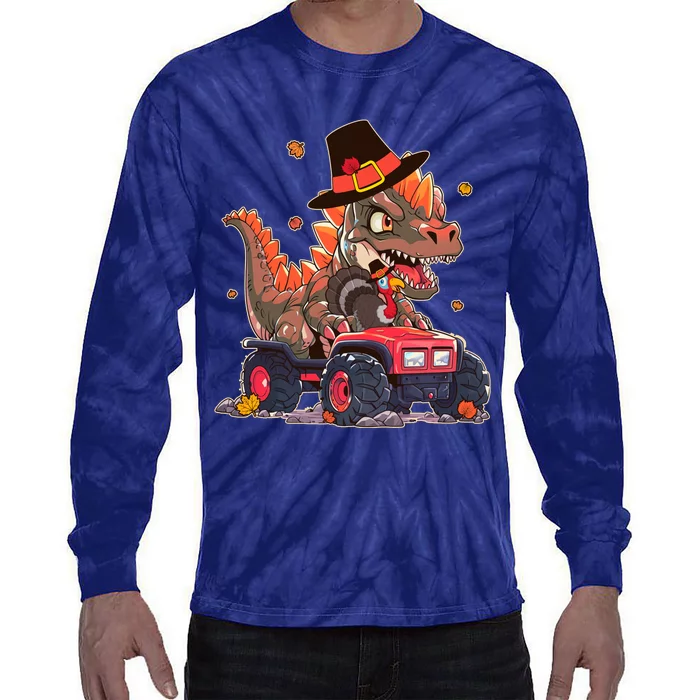 Funny Thanksgiving Dinosaur And Turkey Riding Monster Truck Tie-Dye Long Sleeve Shirt