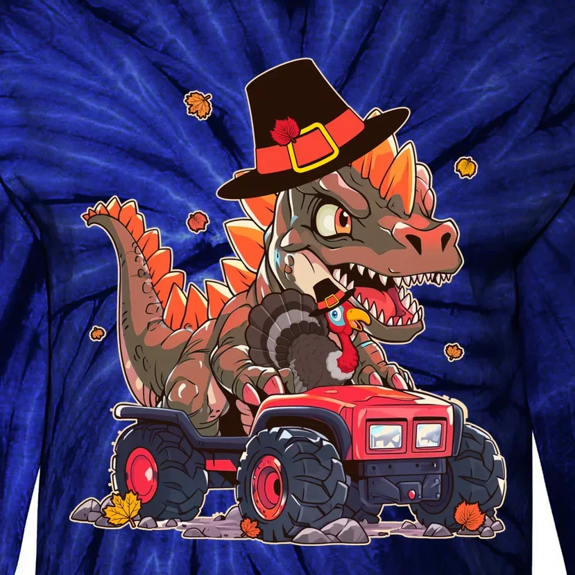 Funny Thanksgiving Dinosaur And Turkey Riding Monster Truck Tie-Dye Long Sleeve Shirt