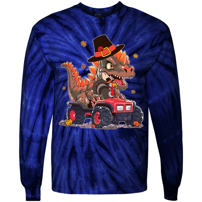 Funny Thanksgiving Dinosaur And Turkey Riding Monster Truck Tie-Dye Long Sleeve Shirt