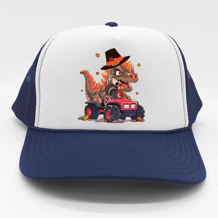 Funny Thanksgiving Dinosaur And Turkey Riding Monster Truck Trucker Hat