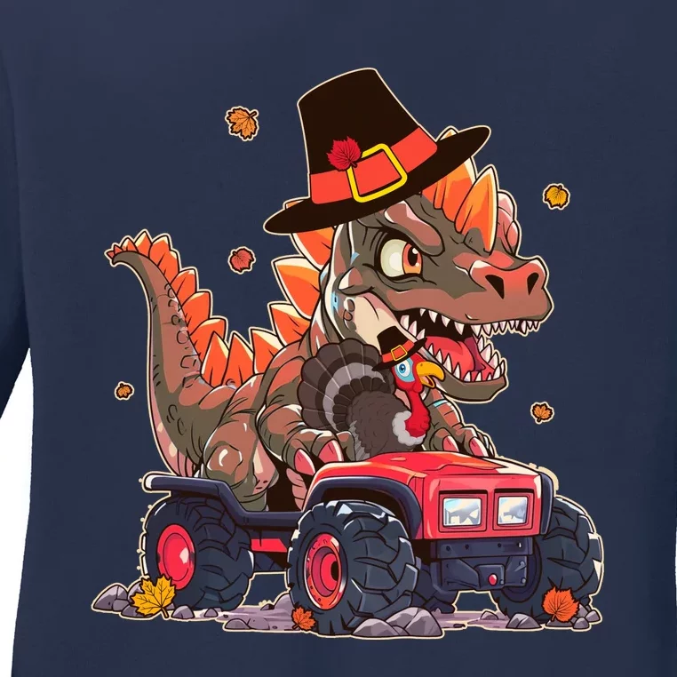 Funny Thanksgiving Dinosaur And Turkey Riding Monster Truck Ladies Long Sleeve Shirt