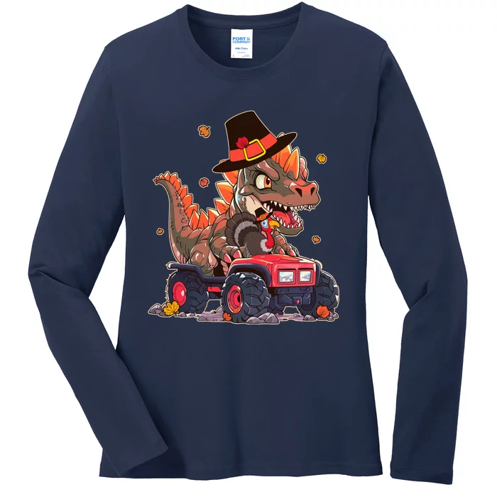 Funny Thanksgiving Dinosaur And Turkey Riding Monster Truck Ladies Long Sleeve Shirt