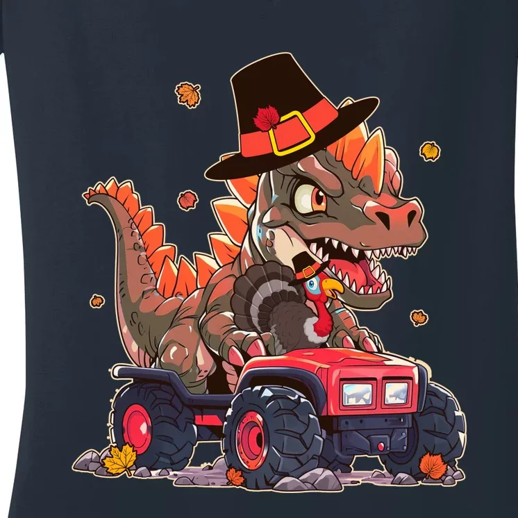 Funny Thanksgiving Dinosaur And Turkey Riding Monster Truck Women's V-Neck T-Shirt